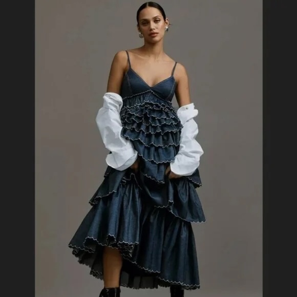 NEW Anthropologie Tiered Maxi Dress Denim XS - Picture 1 of 7